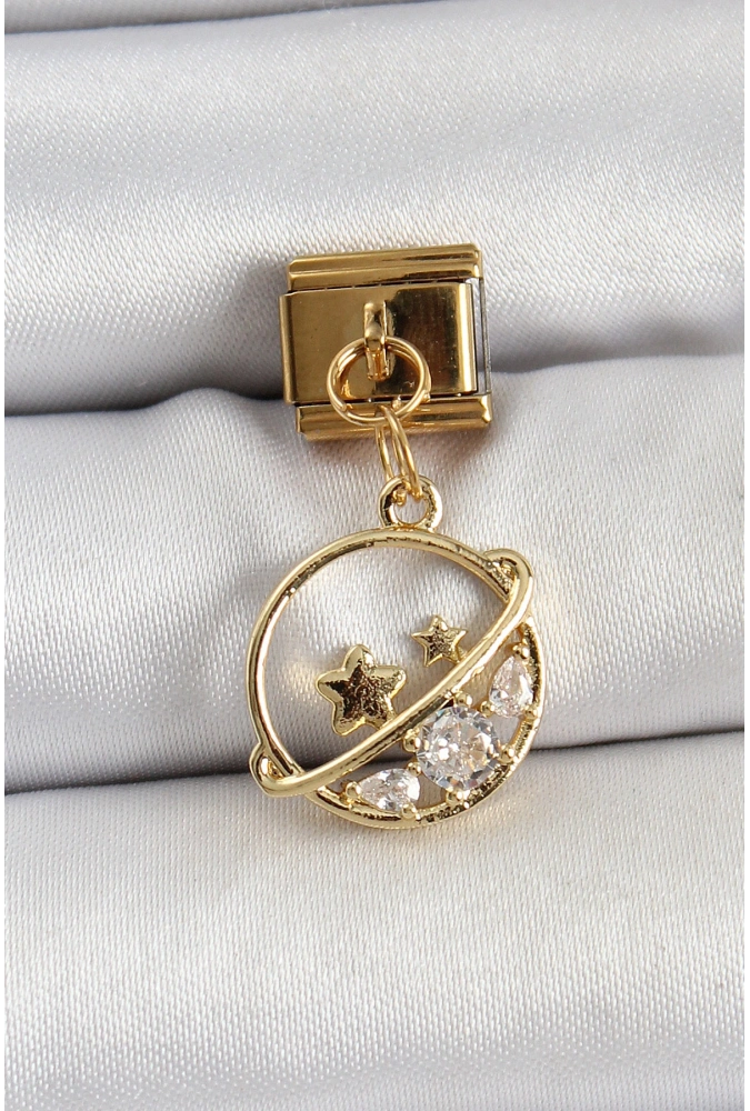 Shoecide 316l Çelik Sallantılı Zirkon Taşlı Satürn Model Gold Renk Nomination Charm