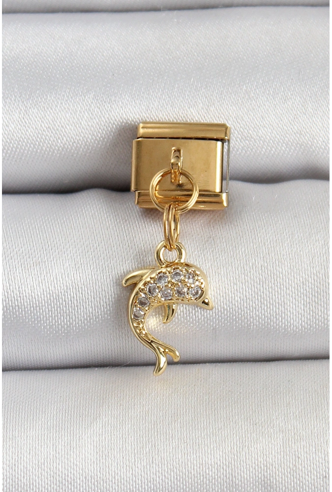 Shoecide 316l Çelik Sallantılı Zirkon Taşlı Yunus Balığı Model Gold Renk Nomination Charm