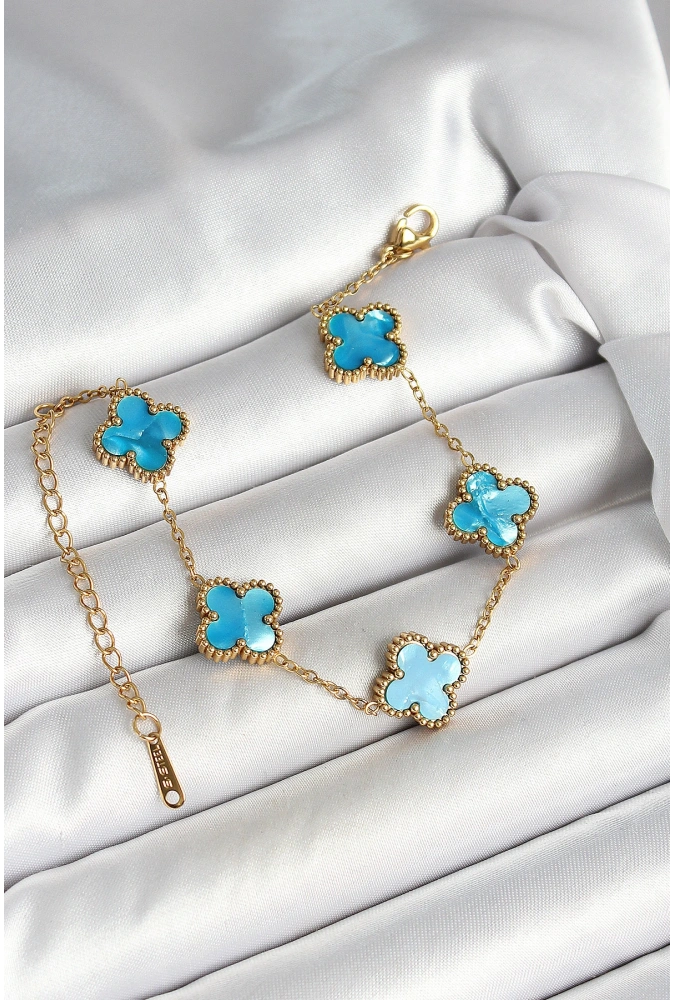 Shoecide 316l Çelik Sedefli Gökyüzü Mavisi Gold Renk Yonca Kadın Bileklik