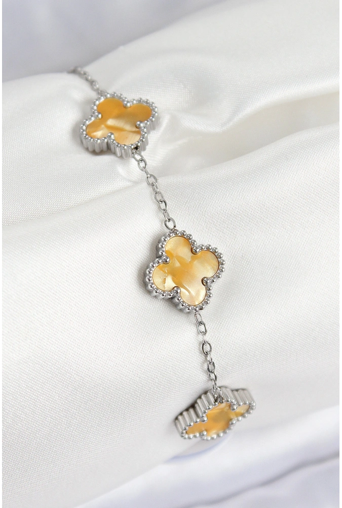 Shoecide 316l Çelik Sedefli Kehribar Sarı Gümüş Renk Yonca Kadın Bileklik