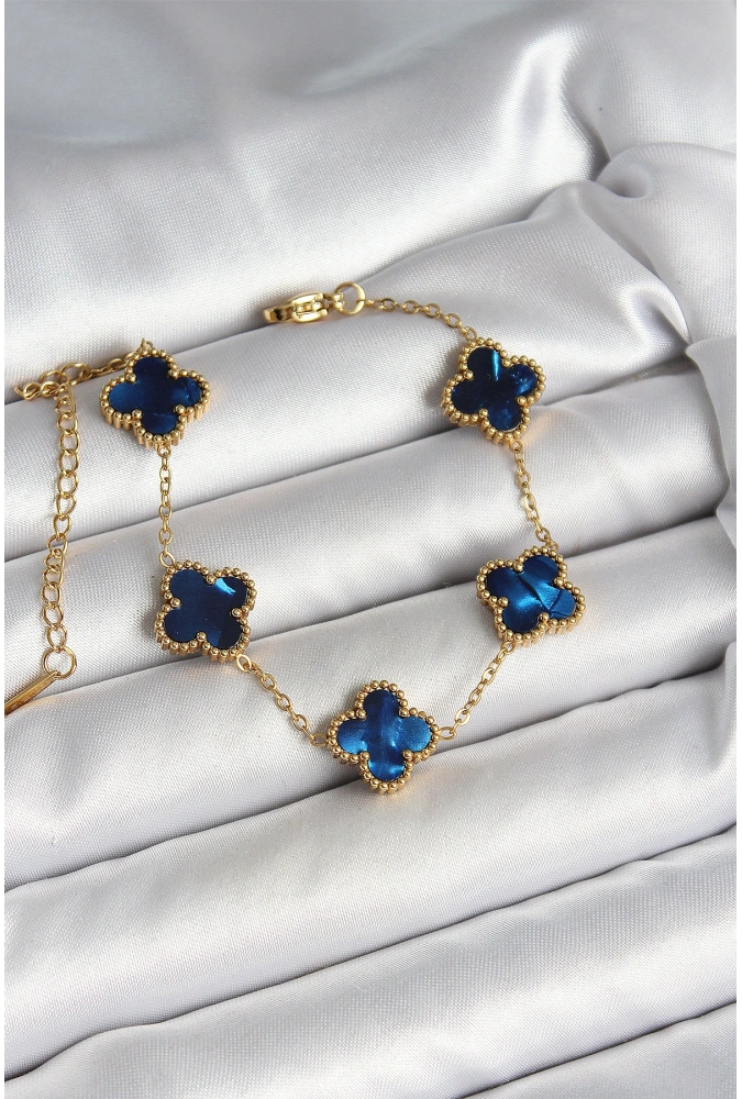 Shoecide 316l Çelik Sedefli Lacivert Gold Renk Yonca Kadın Bileklik