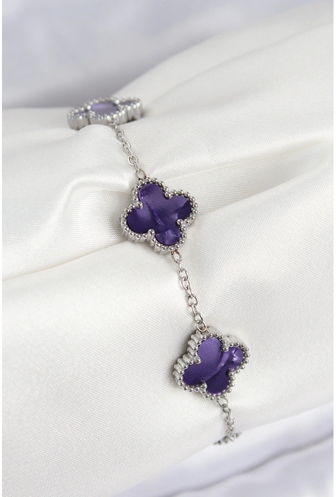 Shoecide 316l Çelik Sedefli Mor Gümüş Renk Yonca Kadın Bileklik