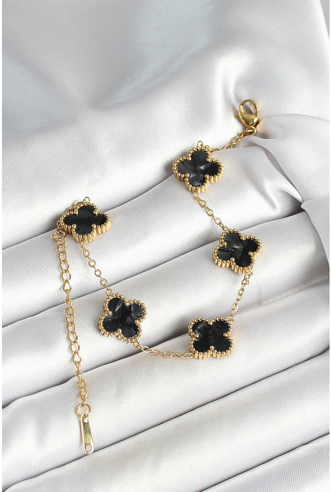 Shoecide 316l Çelik Sedefli Siyah Gold Renk Yonca Kadın Bileklik