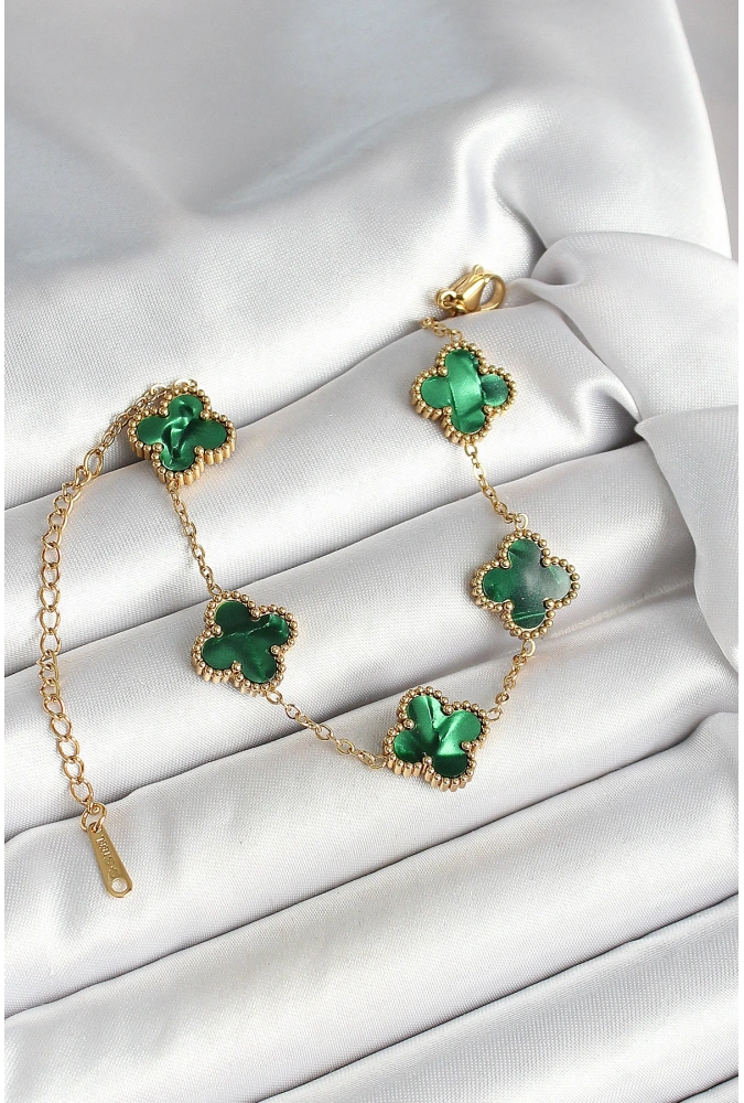 Shoecide 316l Çelik Sedefli Zümrüt Yeşil Gold Renk Yonca Kadın Bileklik