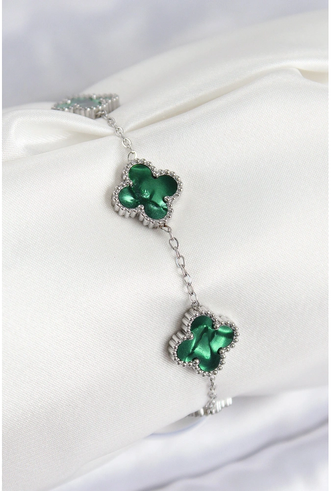 Shoecide 316l Çelik Sedefli Zümrüt Yeşil Gümüş Renk Yonca Kadın Bileklik