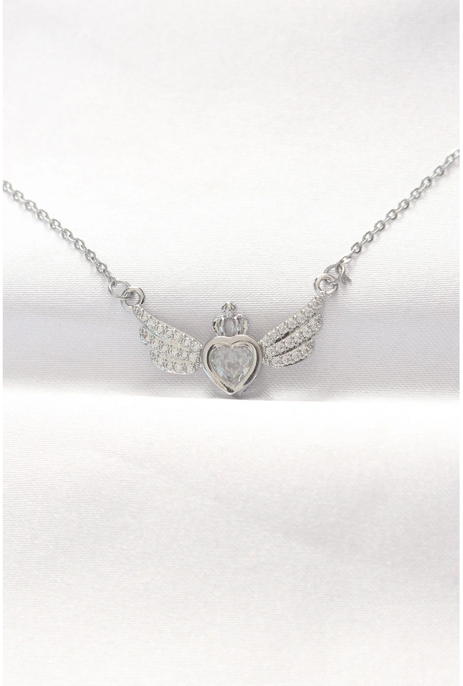 Shoecide 316l Çelik Silver Renk Zirkon Taşlı Kalpli Kanat Kolye