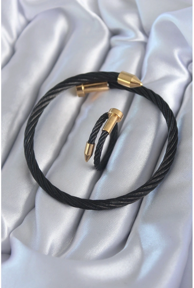 Shoecide 316l Çelik Siyah Renk Gold Detay Sarmal Model Erkek Bileklik Yüzük Kombini