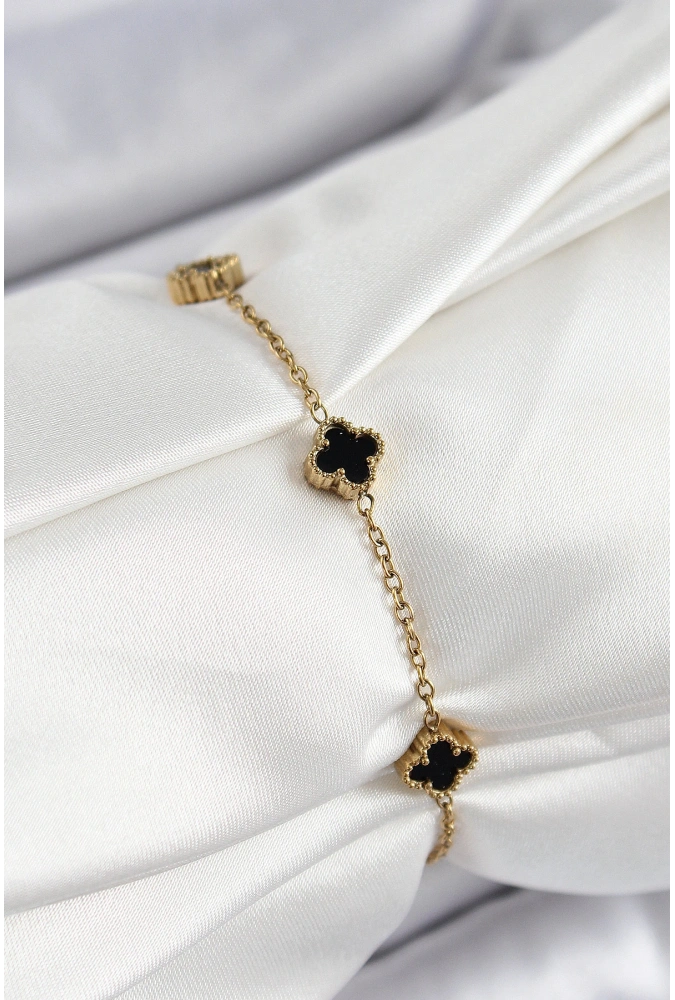 Shoecide 316l Çelik Siyah Sedef Yonca Model Gold Renk Kadın Bileklik