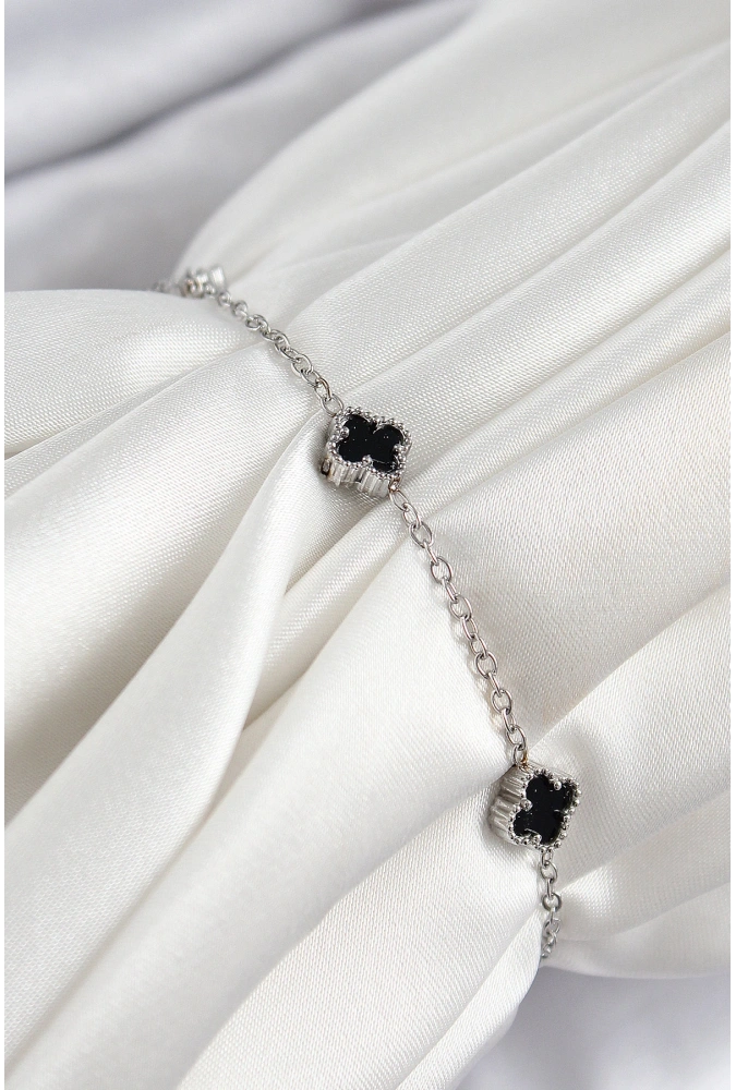 Shoecide 316l Çelik Siyah Sedef Yonca Model Gümüş Renk Kadın Bileklik