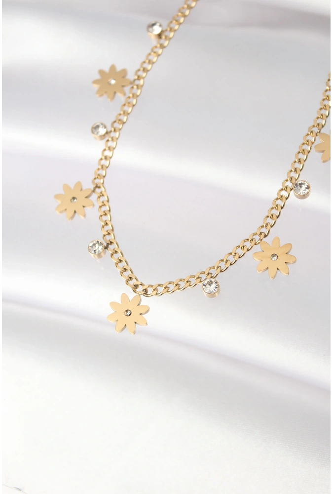 Shoecide 316l Çelik Taşlı Gold Renk Çoklu Çiçek Kolye