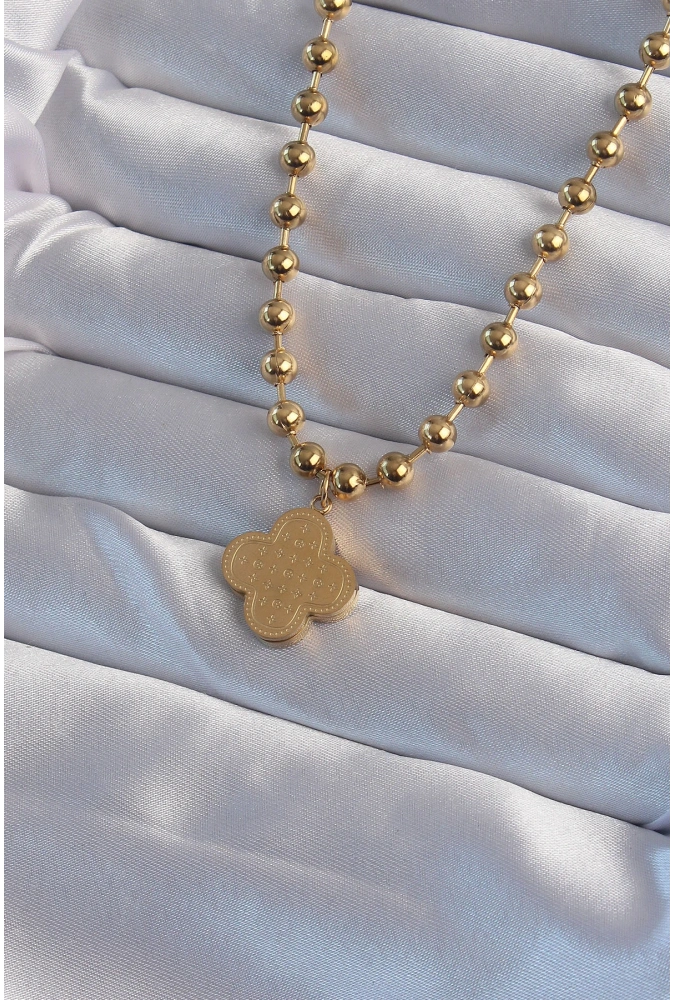 Shoecide 316l Çelik Top Zincirli Gold Renk İşlemeli Yonca Model Kolye