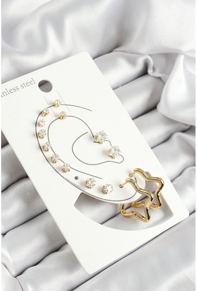 Shoecide 316l Çelik Yıldız Figürlü Ve Zirkon Taşlı Gold Renk 7li Çift Kadın Küpe Set