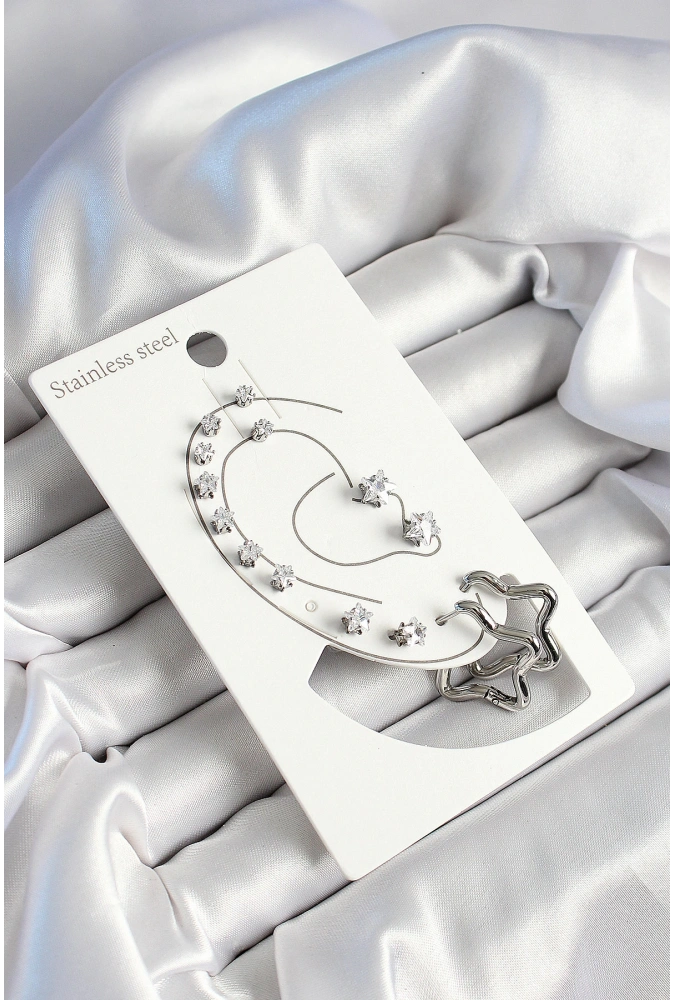 Shoecide 316l Çelik Yıldız Figürlü Ve Zirkon Taşlı Gümüş Renk 7li Çift Kadın Küpe Set