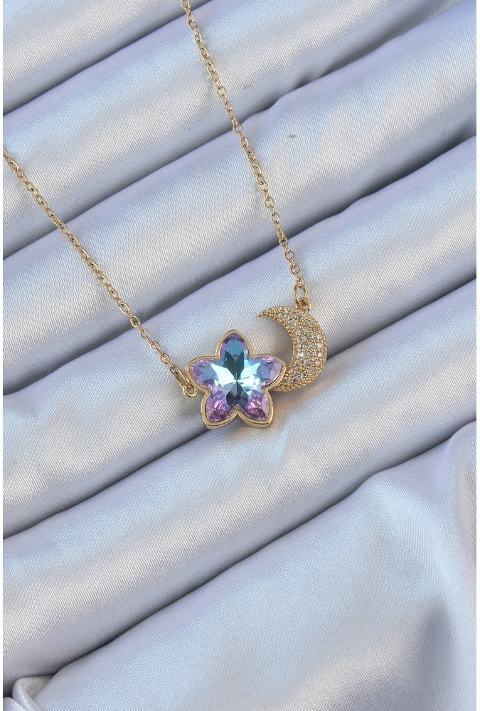 Shoecide 316l Çelik Zincir Altın Renk Ay Tasarımlı Renkli Zirkon Taşlı Çiçek Kolye