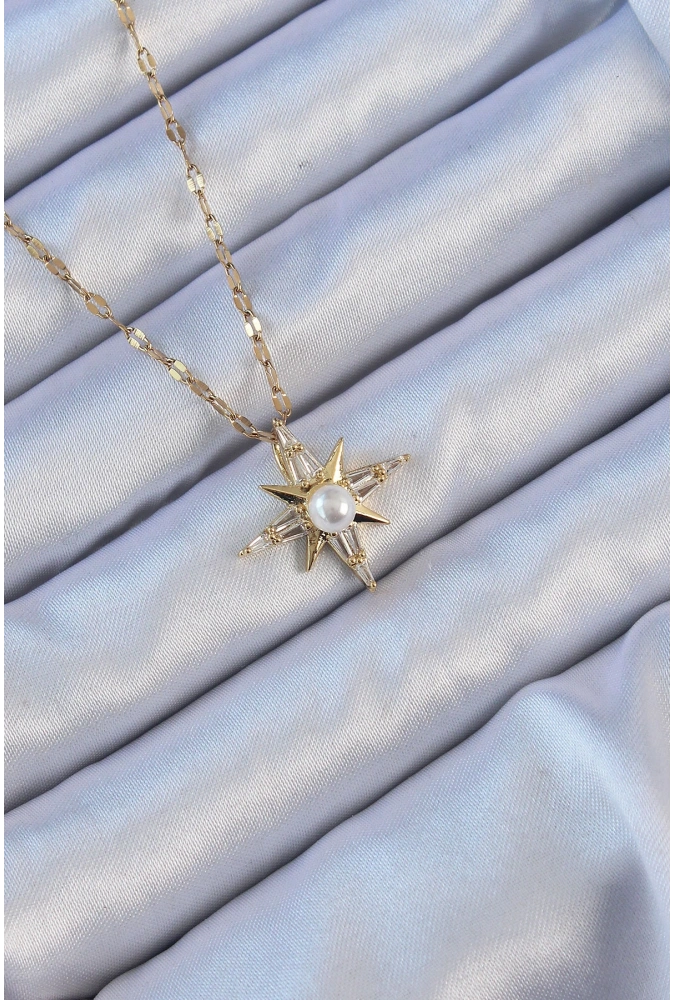 Shoecide 316l Çelik Zincir Altın Renk Baget Taşlı İnci Detay Kutup Yıldızı Kolye