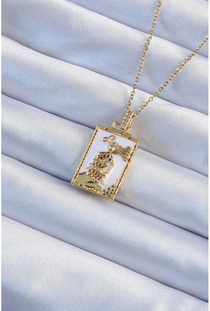 Shoecide 316l Çelik Zincir Altın Renk Beyaz Mineli Tarot Kolye