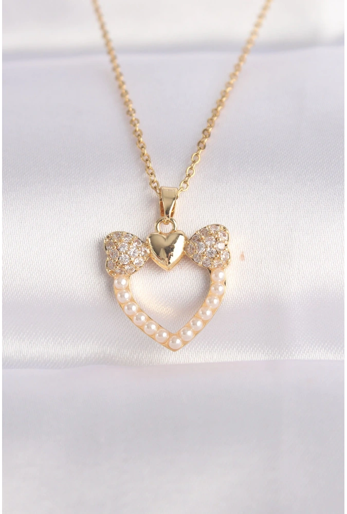 Shoecide 316l Çelik Zincir Altın Renk İnci Taş Detay Zirkon Taşlı Kalp Kolye
