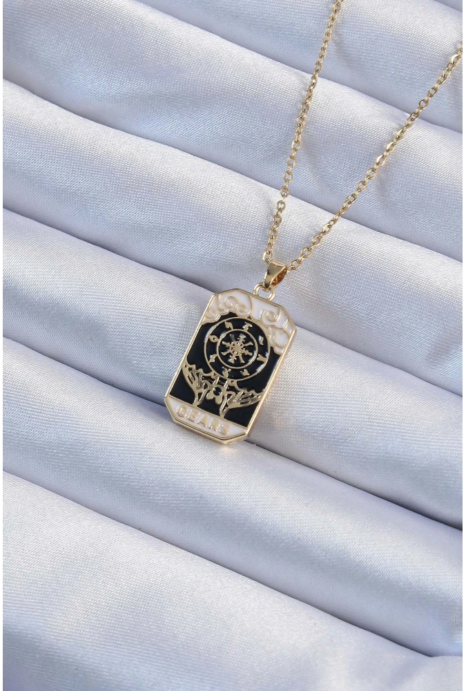 Shoecide 316l Çelik Zincir Altın Renk İşlemeli Siyah Mineli Tarot Kolye