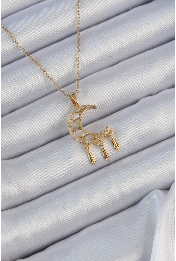 Shoecide 316l Çelik Zincir Altın Renk İşlemeli Zirkon Taşlı Ay Kolye