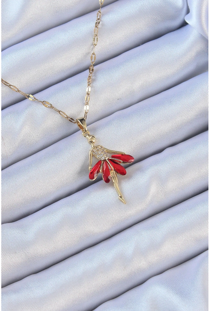 Shoecide 316l Çelik Zincir Altın Renk Kırmızı Etekli Zirkon Taşlı Balerin Kolye