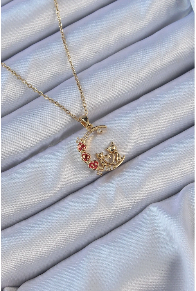 Shoecide 316l Çelik Zincir Altın Renk Kırmızı Gül Detay Kedi Figür Zirkon Taşlı Ay Kolye