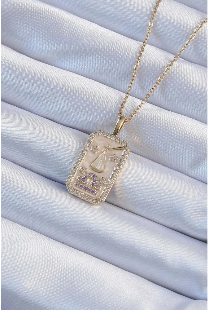 Shoecide 316l Çelik Zincir Altın Renk Lila Zirkon Taşlı Tarot Kolye