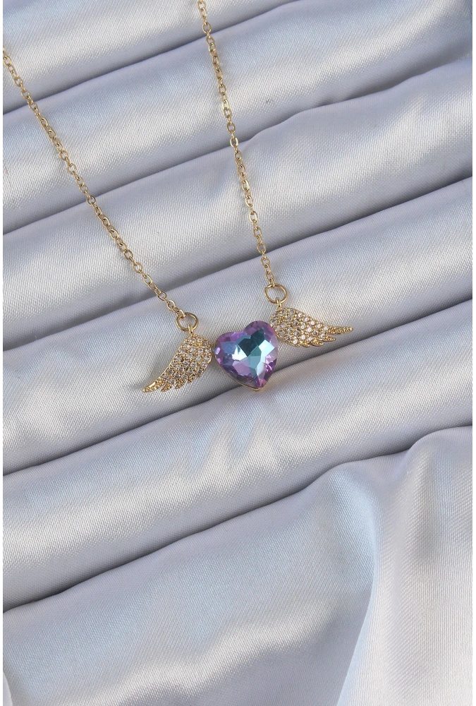 Shoecide 316l Çelik Zincir Altın Renk Mavi Mor Zirkon Taşlı Kanatlı Kalp Kolye