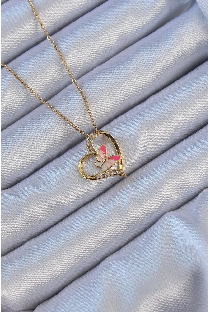 Shoecide 316l Çelik Zincir Altın Renk Mineli Kelebek Figür Zirkon Taşlı Kalp Kolye