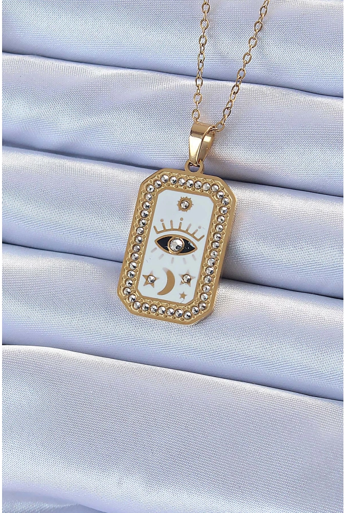 Shoecide 316l Çelik Zincir Altın Renk Mineli Zirkon Taşlı Göz Figür Tarot Kolye