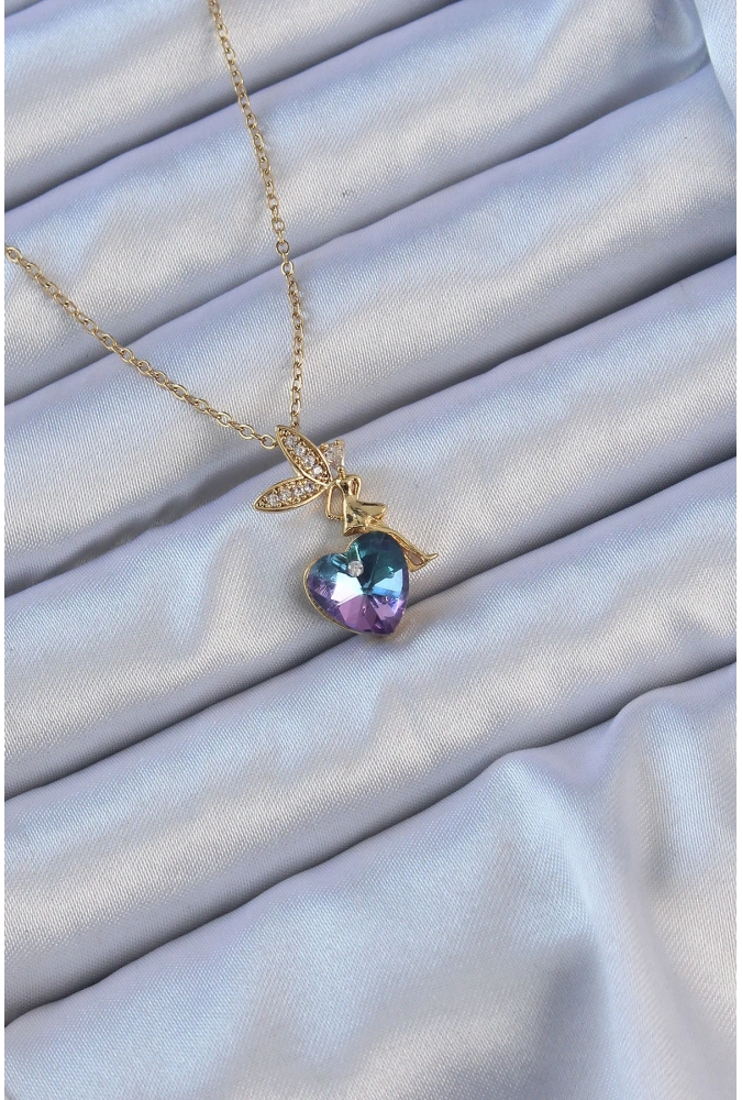 Shoecide 316l Çelik Zincir Altın Renk Mor Mavi Renk Zirkon Taşlı Kalp Detay Peri Kolye
