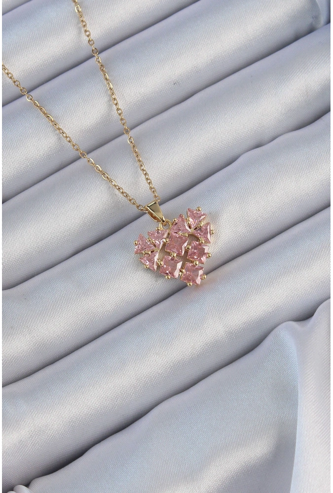 Shoecide 316l Çelik Zincir Altın Renk Pembe Parçalı Zirkon Taşlı Kalp Kolye