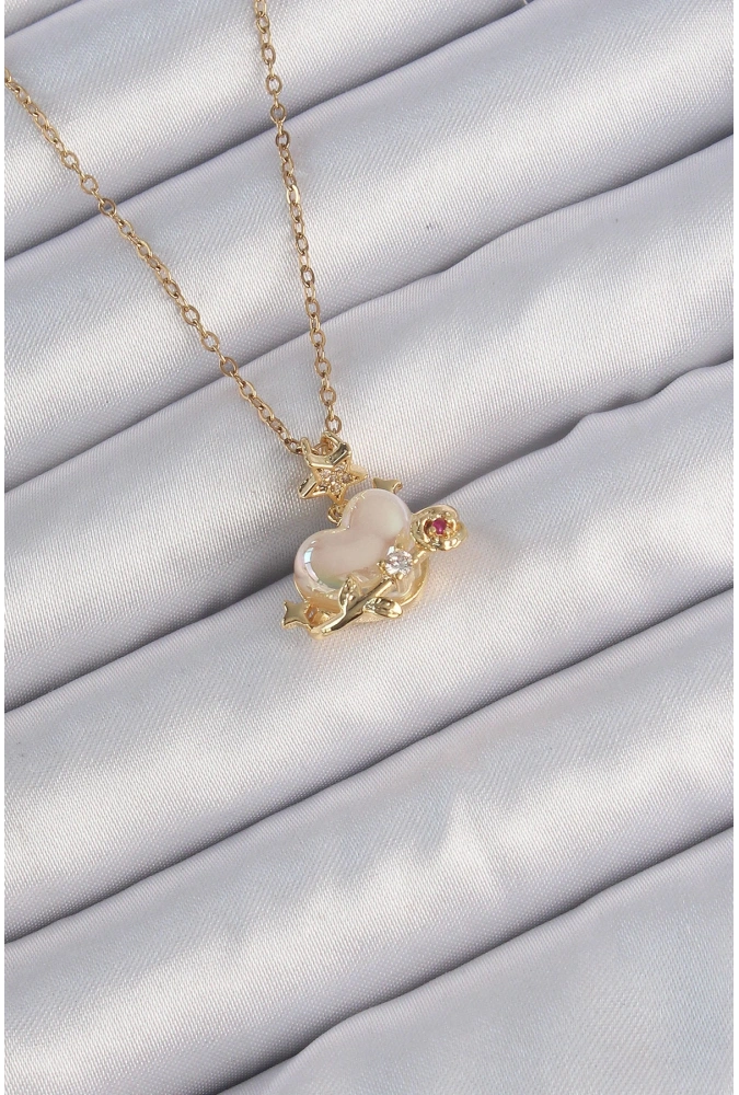 Shoecide 316l Çelik Zincir Altın Renk Sedefli Kalp Figür Zirkon Taşlı Gezegen Kolye