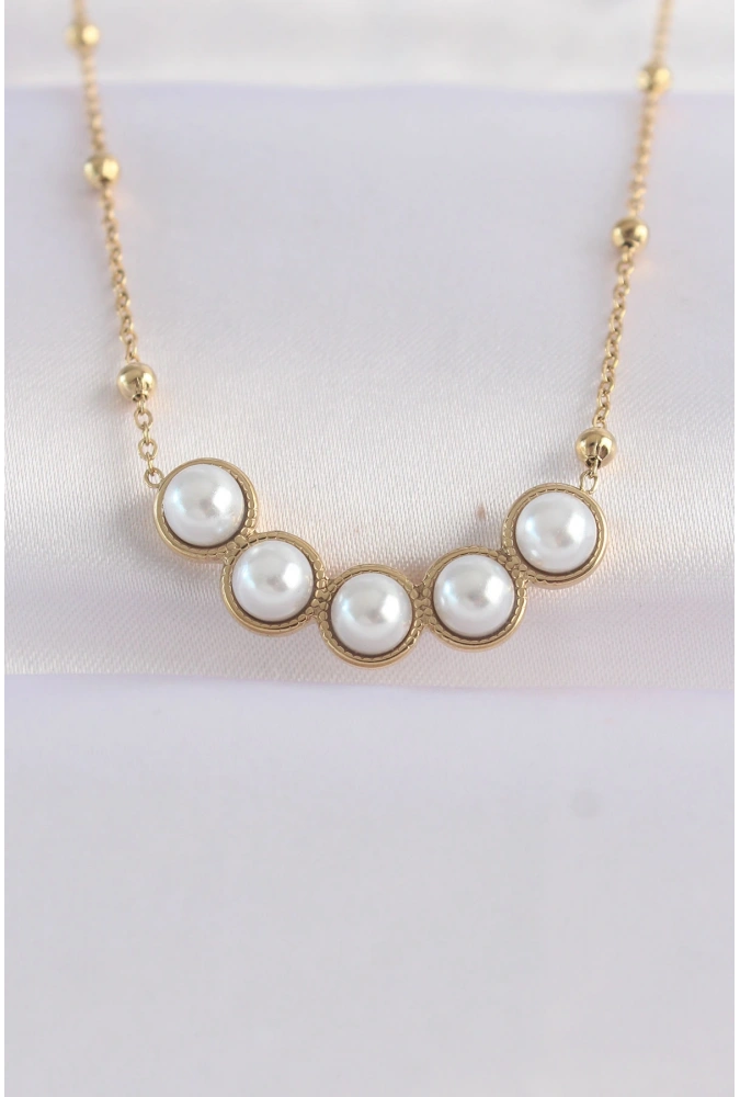 Shoecide 316l Çelik Zincir Altın Renk Sıralı İnci Taşlı Kolye