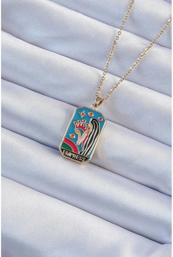 Shoecide 316l Çelik Zincir Altın Renk Taç Ve Kız Figürlü Renkli Mineli Tarot Kolye