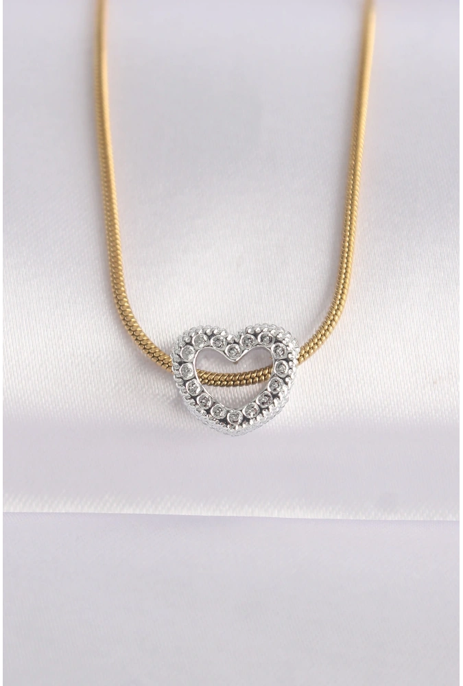 Shoecide 316l Çelik Zincir Altın Renk Zincirli Gümüş Renk Kalp Tasarımlı Kolye
