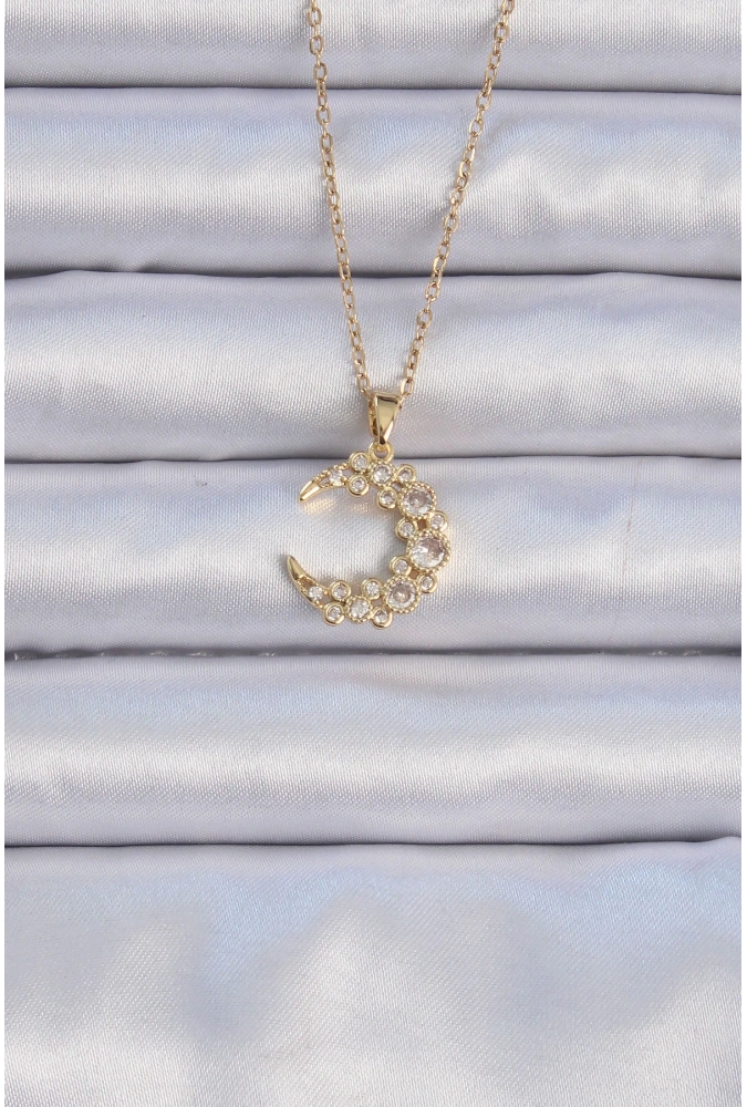 Shoecide 316l Çelik Zincir Altın Renk Zirkon Taşlı Ay Kolye