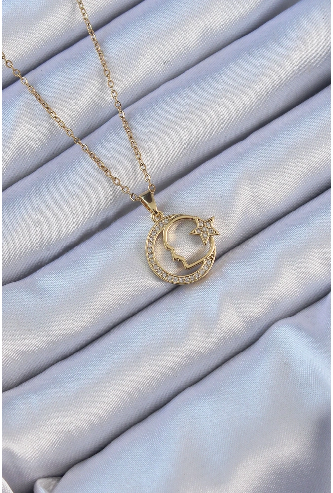 Shoecide 316l Çelik Zincir Altın Renk Zirkon Taşlı Ay Yıldız Simgeli Atatürk Kolye
