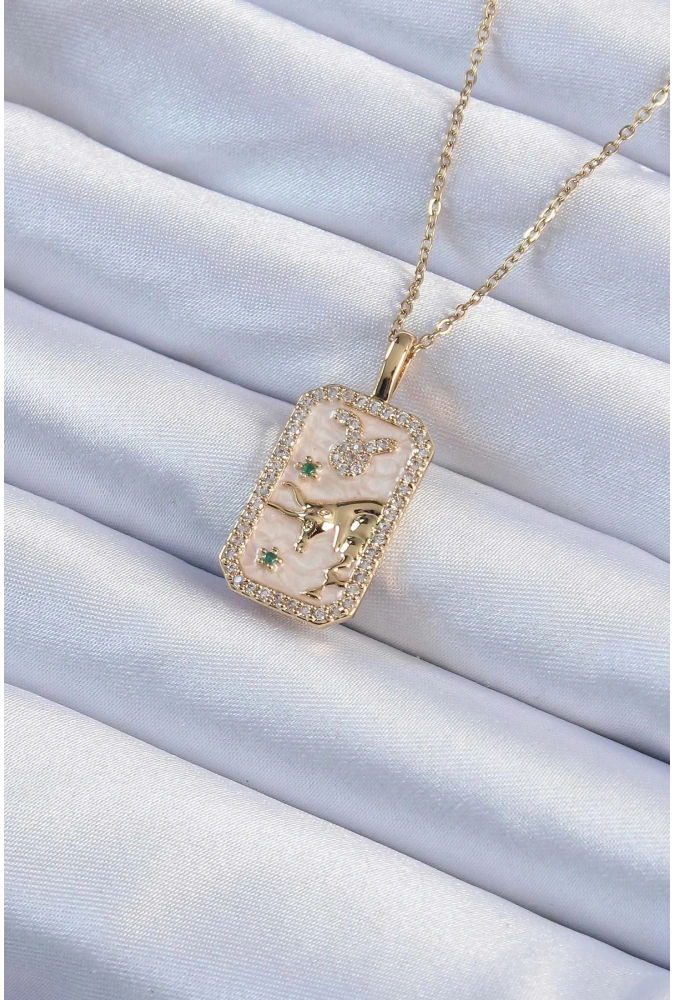 Shoecide 316l Çelik Zincir Altın Renk Zirkon Taşlı Boğa Figürlü Tarot Kolye