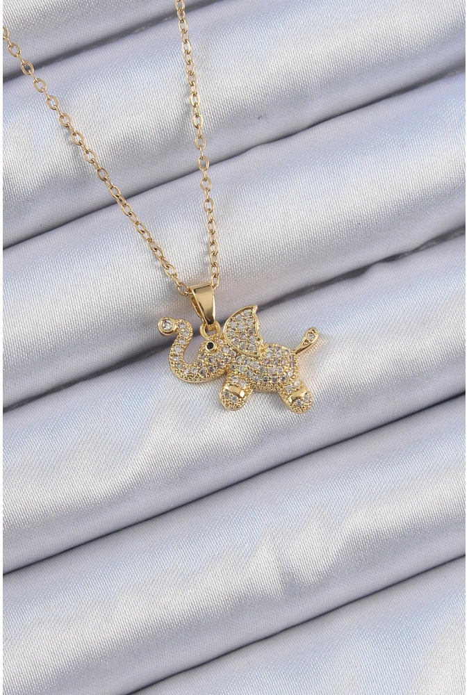 Shoecide 316l Çelik Zincir Altın Renk Zirkon Taşlı Fil Kolye