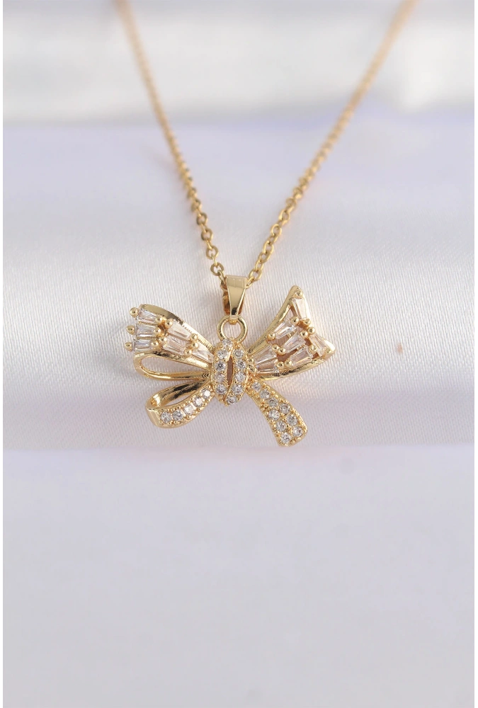 Shoecide 316l Çelik Zincir Altın Renk Zirkon Taşlı Fiyonk Kolye