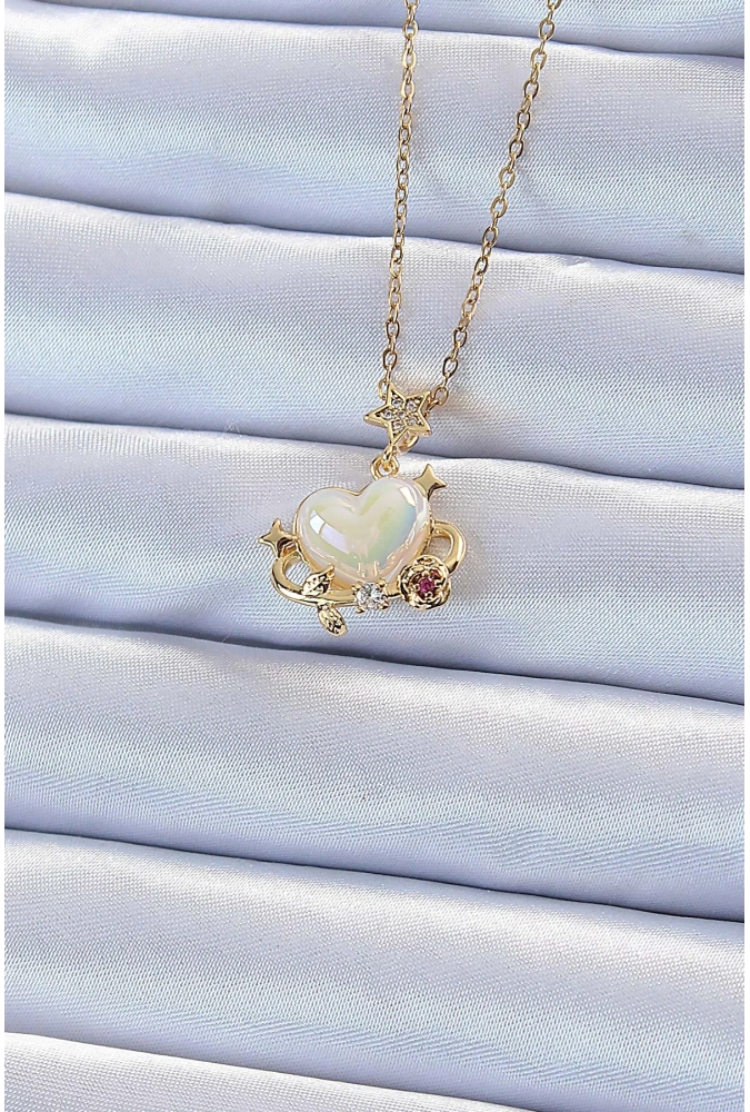 Shoecide 316l Çelik Zincir Altın Renk Zirkon Taşlı Gezegen Görünümlü Kalp Kolye