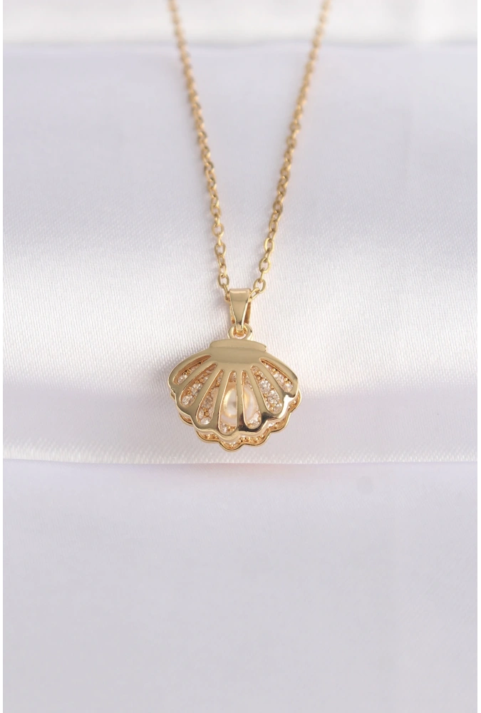 Shoecide 316l Çelik Zincir Altın Renk Zirkon Taşlı İnci Detay İstiridye Kolye