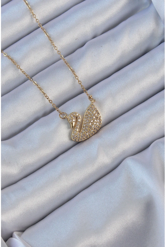 Shoecide 316l Çelik Zincir Altın Renk Zirkon Taşlı Kuğu Kolye