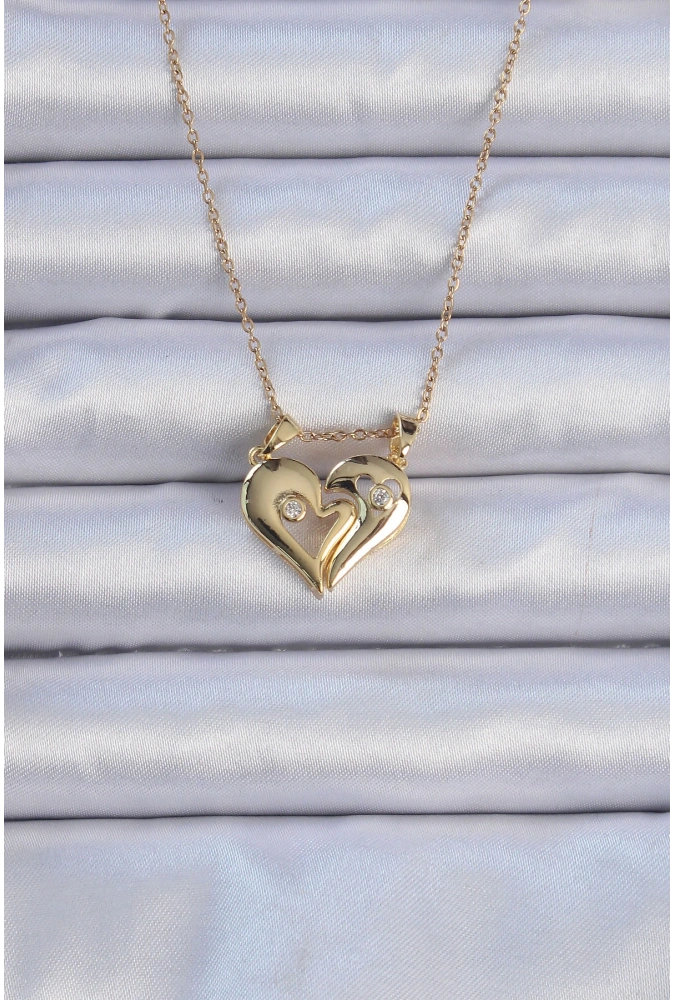 Shoecide 316l Çelik Zincir Altın Renk Zirkon Taşlı Mıknatıslı Kalp Kolye