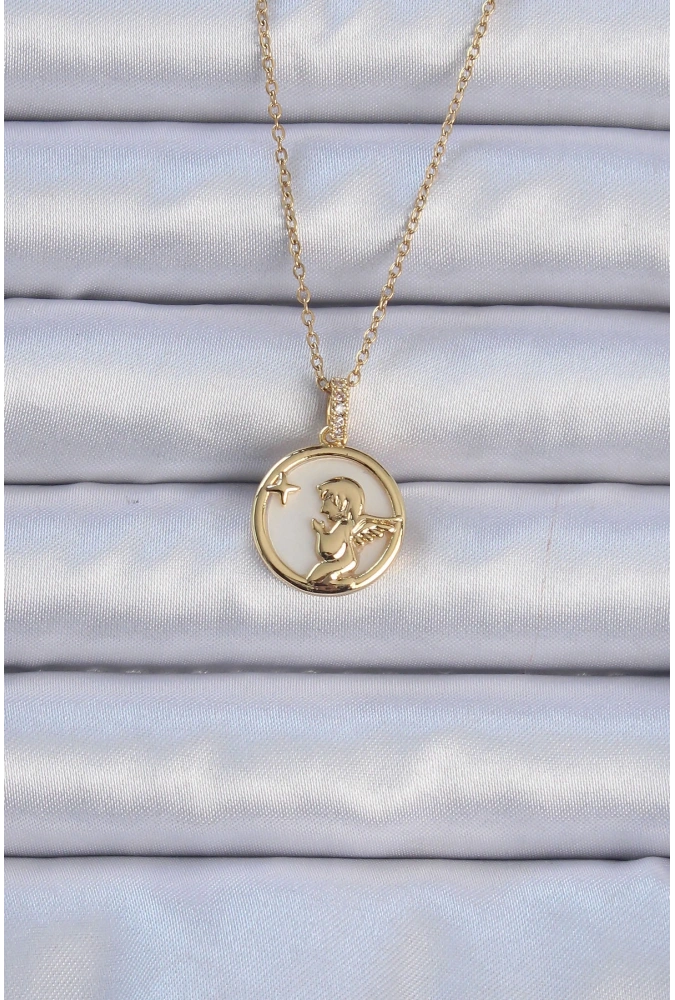 Shoecide 316l Çelik Zincir Altın Renk Zirkon Taşlı Mineli Melek Kolye