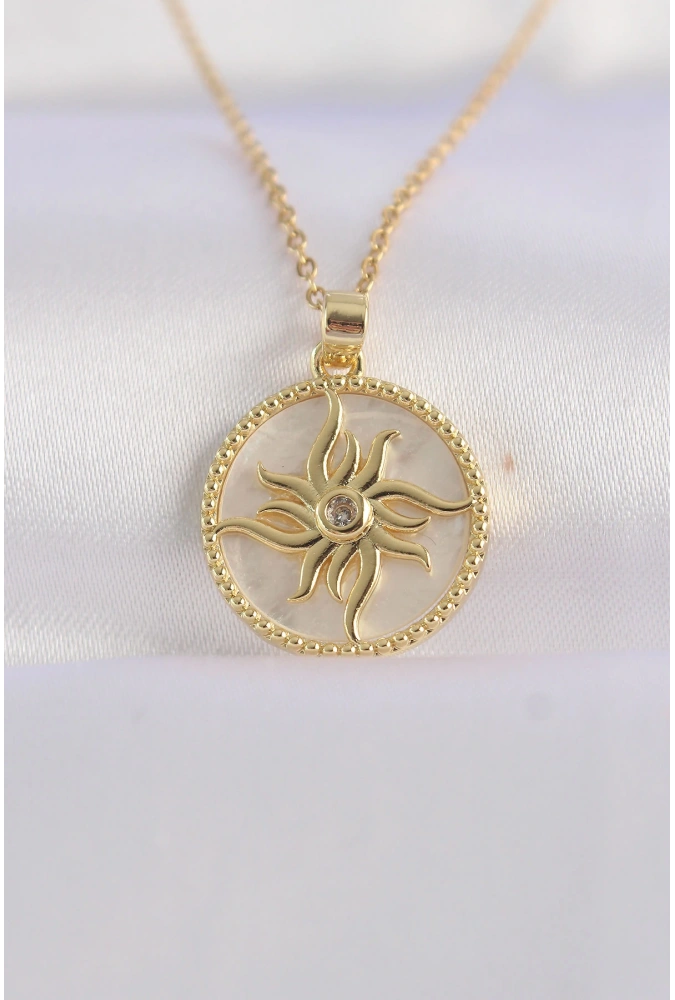 Shoecide 316l Çelik Zincir Altın Renk Zirkon Taşlı Oval Tasarım Güneş Kolye