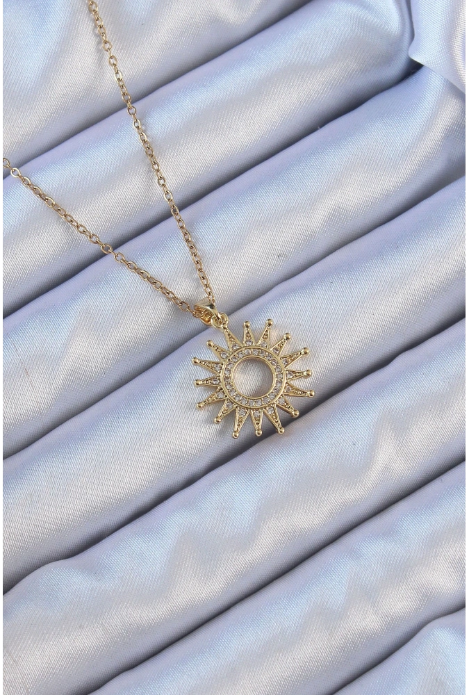 Shoecide 316l Çelik Zincir Altın Renk Zirkon Taşlı Parlayan Güneş Kolye