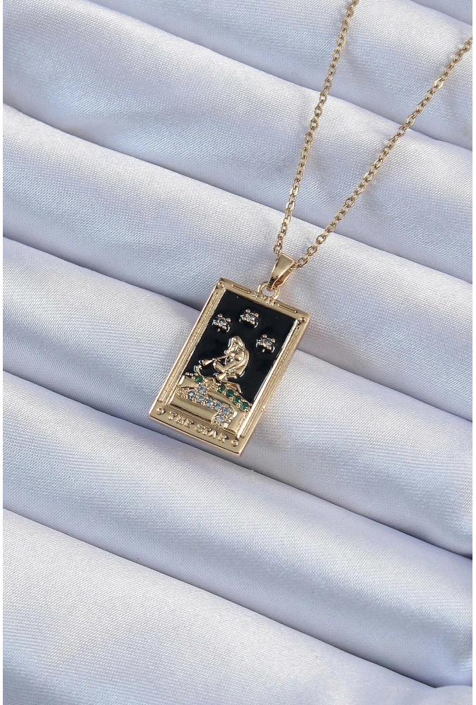 Shoecide 316l Çelik Zincir Altın Renk Zirkon Taşlı Siyah Mineli Kız Figürlü Tarot Kolye