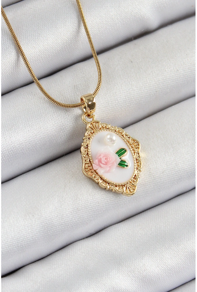Shoecide 316l Çelik Zincir Beyaz Sanatsal Portre İnci Detaylı Gül Figürlü Model Gold Renk Kadın Kolye