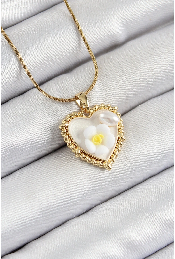 Shoecide 316l Çelik Zincir Beyaz Sanatsal Portre İnci Detaylı Papatya Figürlü Kalp Model Gold Renk Kadın Kolye